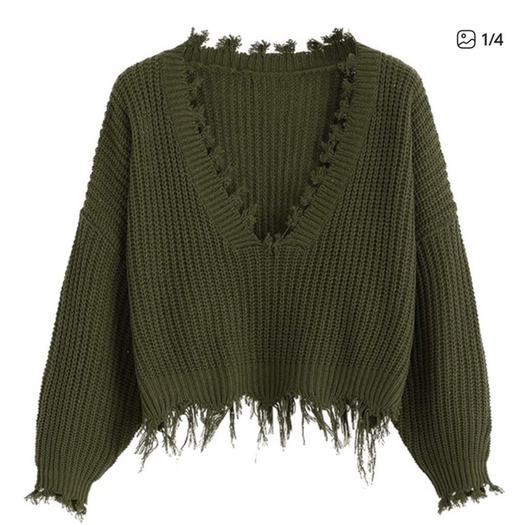 Green Distressed Knit Crop Off shoulder Sweater - Picture 6 of 6